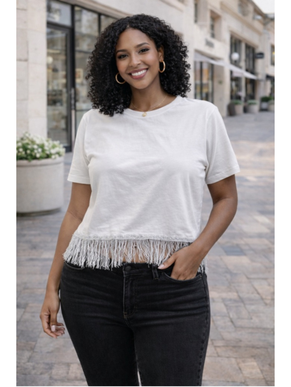 Women's On 12th T-Shirt Size L White with Silver Fringe Summer